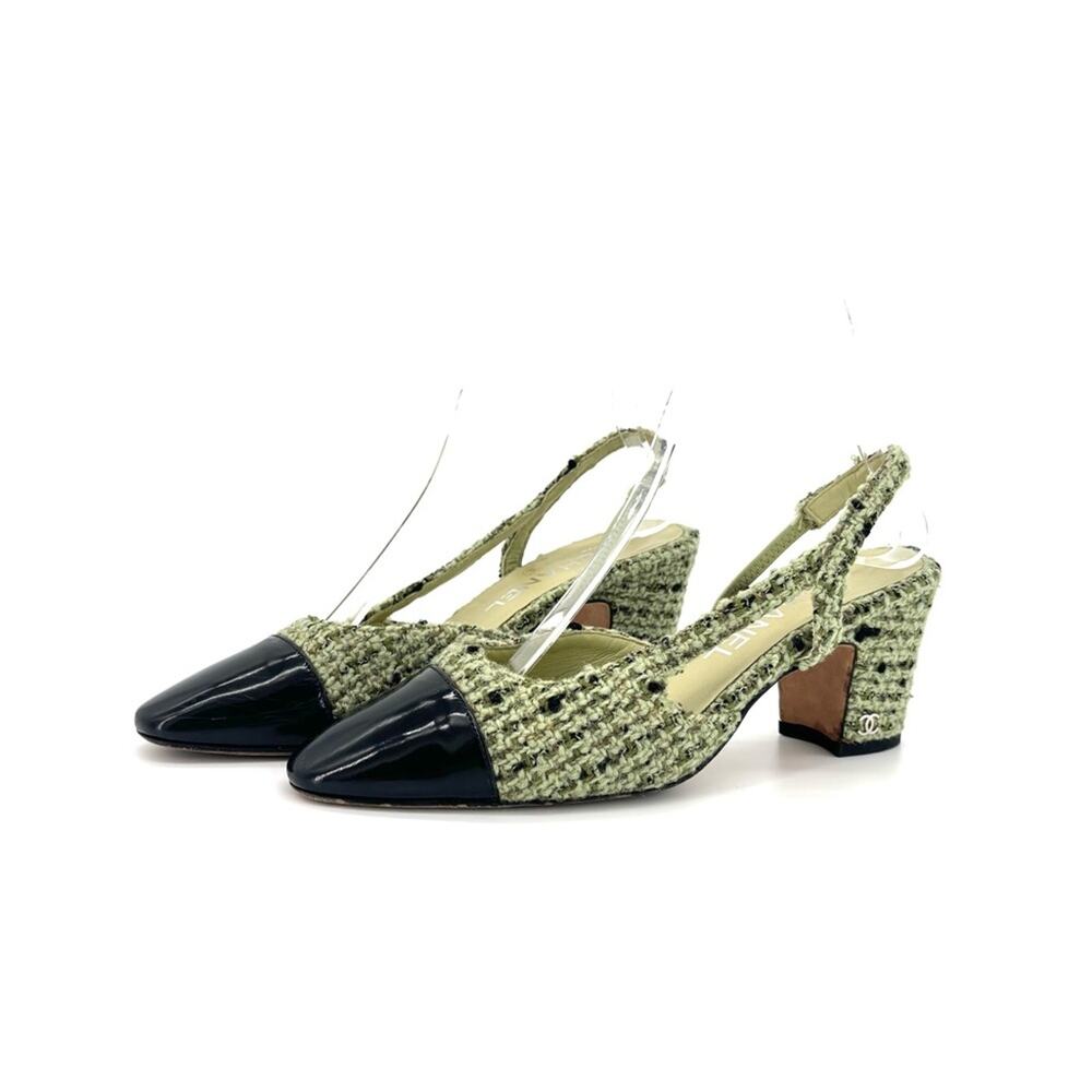 Chanel CC Logo Green Wool Tweed Patent Cap Toe Slingback Heeled Sandals 37